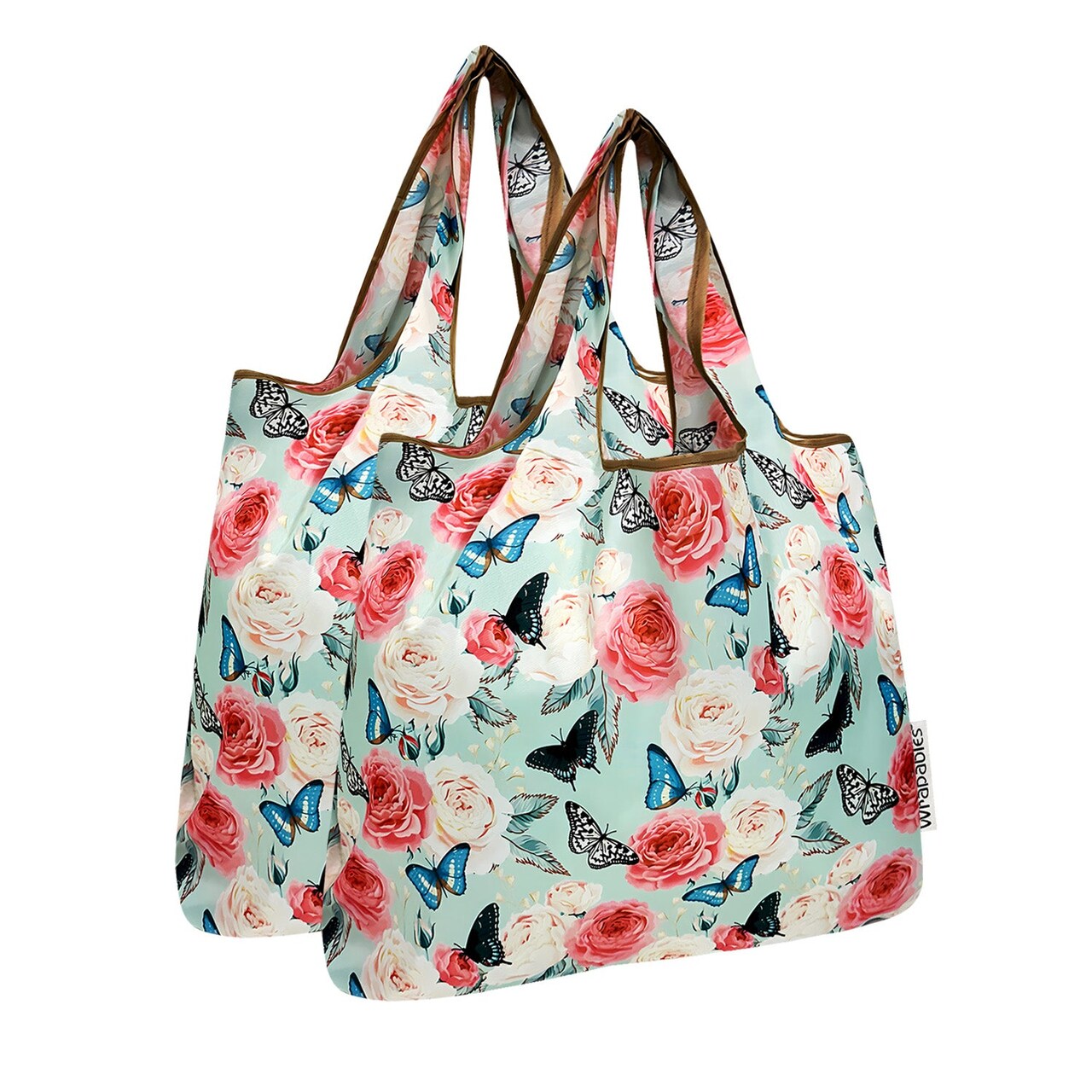 Wrapables Medium Foldable Tote Nylon Reusable Grocery Bag (Set of 2), Rose and Butterfly